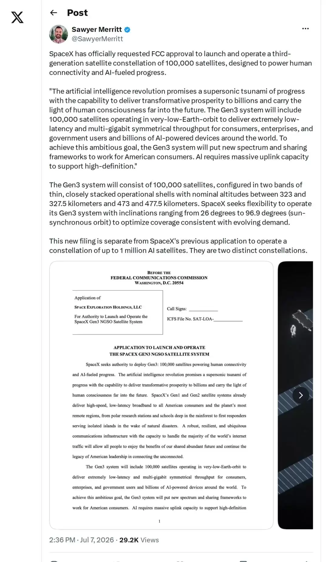 一切为了AI:SpaceX拟部署10万颗第三代星链卫星