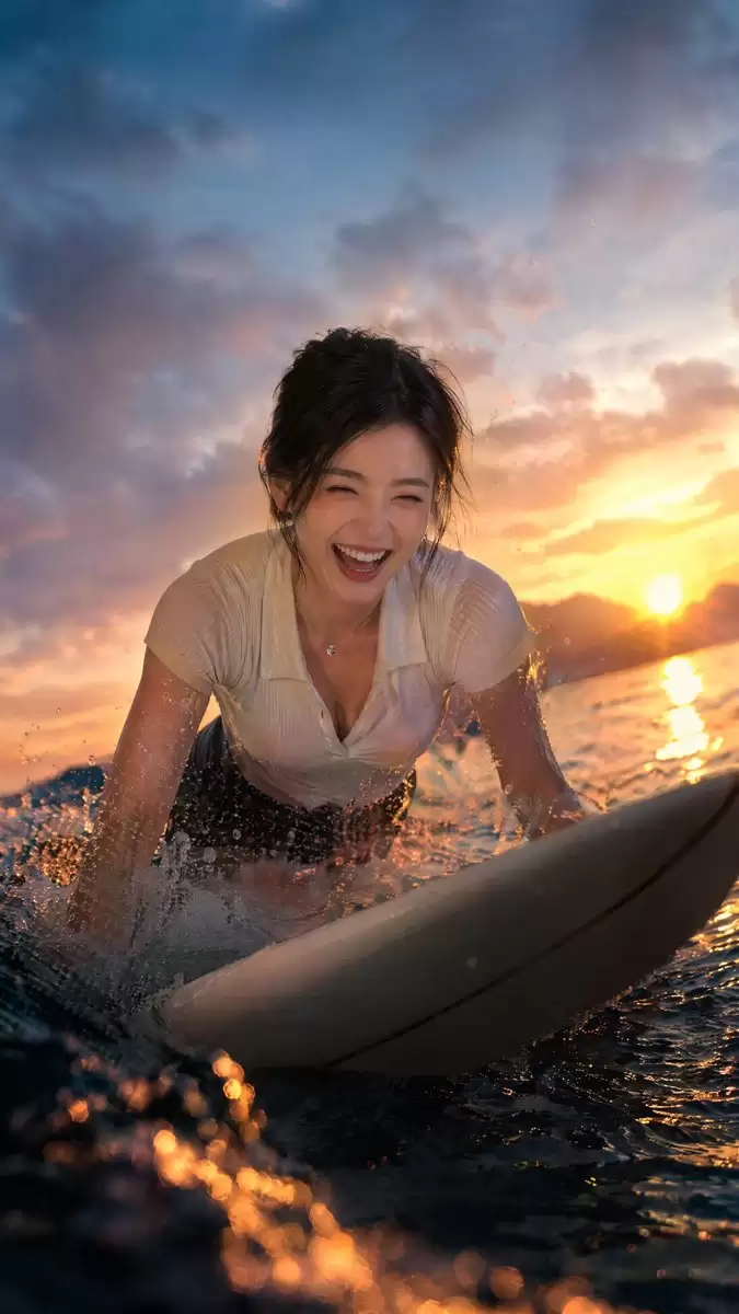 夕阳时分欢笑的冲浪者