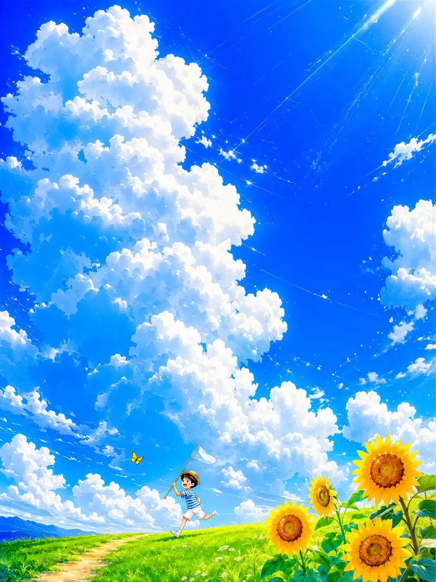 夏日天空下追蝶的男孩