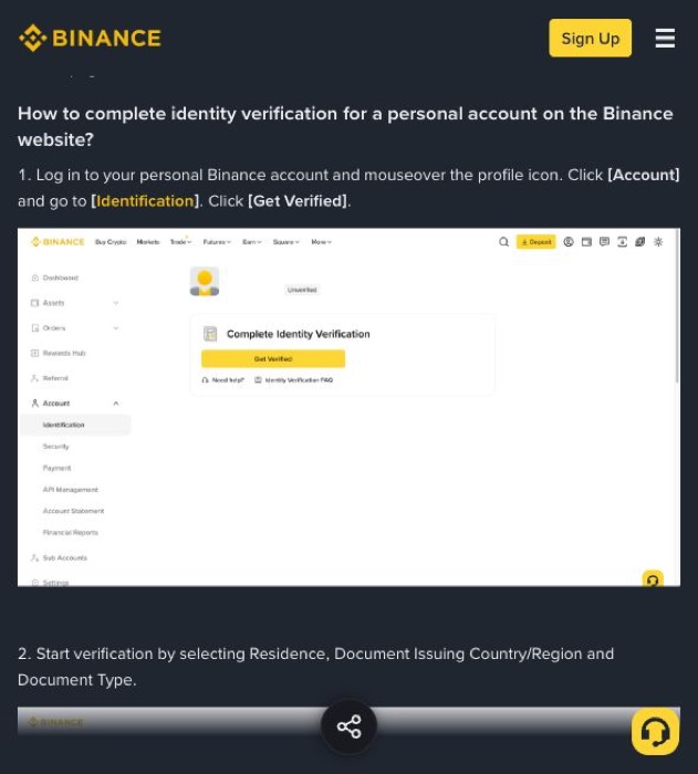 币安帮助中心显示 Account 到 Identification 再到 Get Verified 的身份认证入口路径