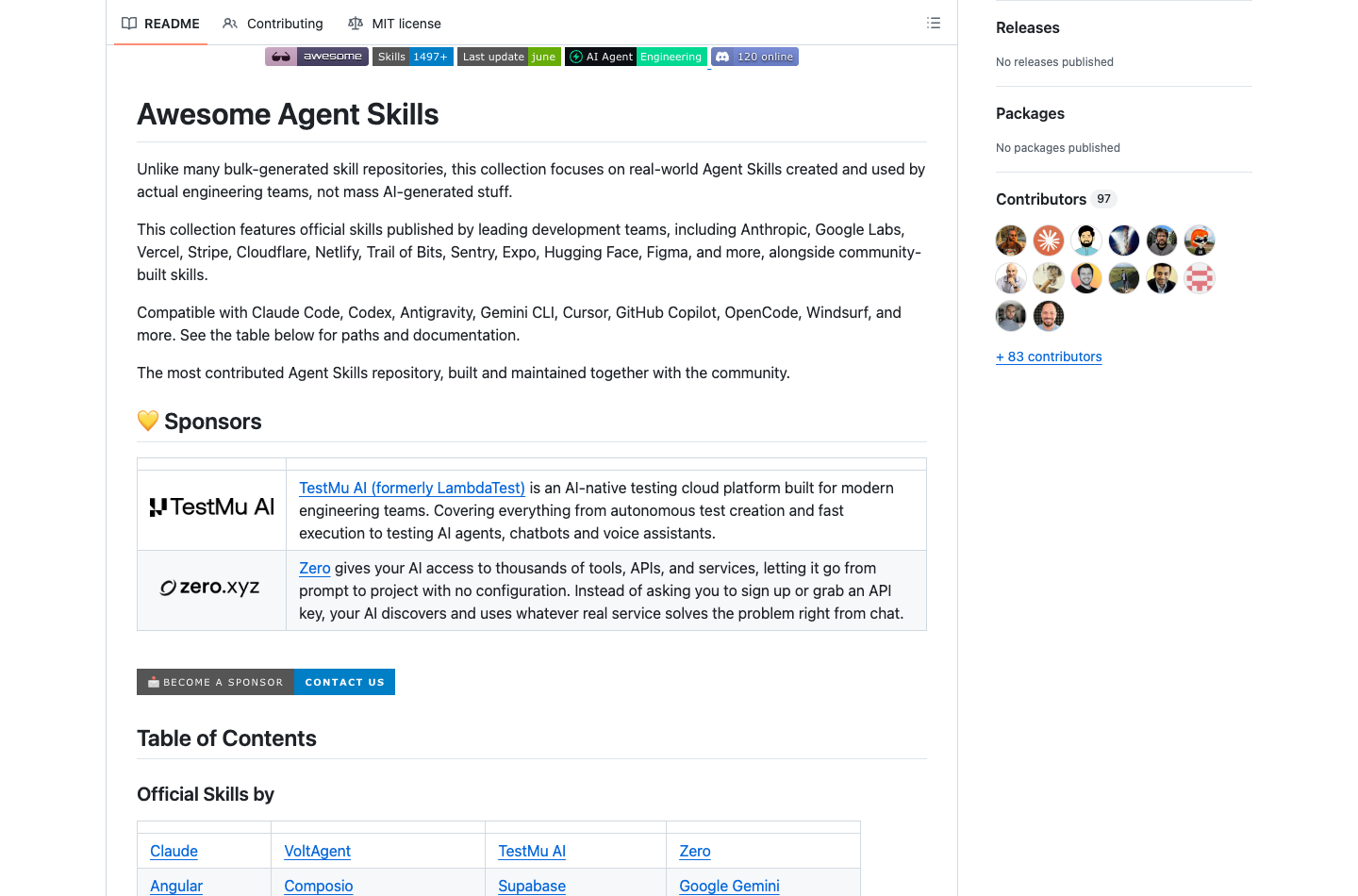 VoltAgent awesome-agent-skills README 页面，展示项目说明、兼容工具和目录入口