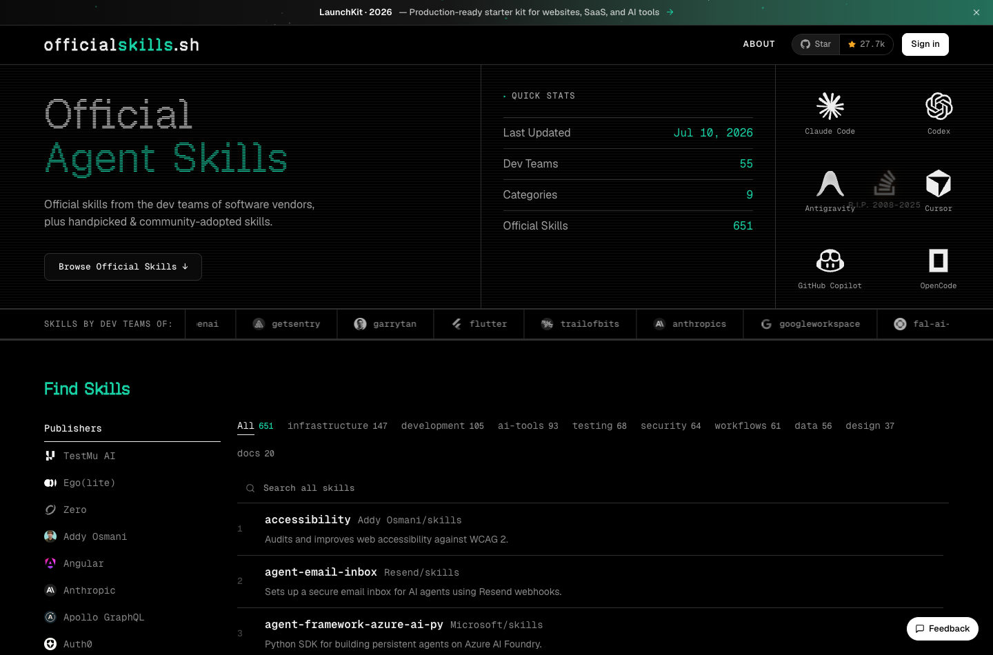 officialskills.sh 首页，展示官方 Agent Skills 数量、开发团队和分类搜索区域