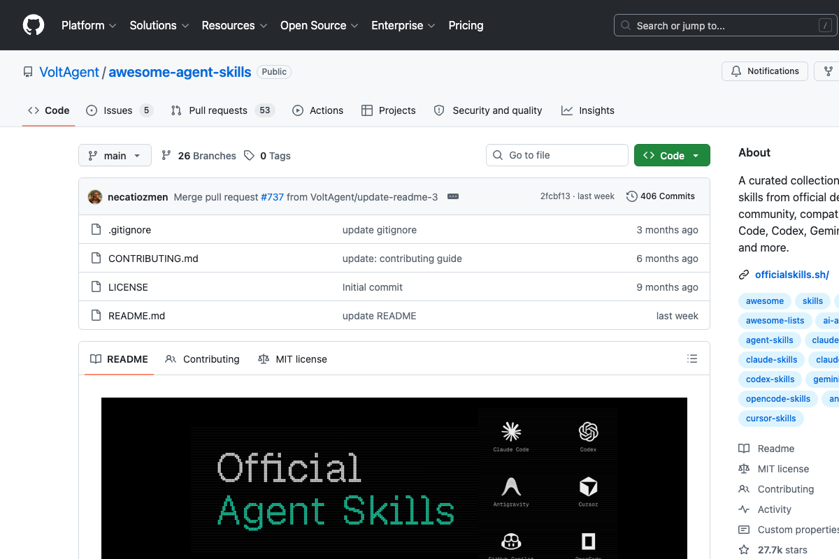 awesome-agent-skills 官方 GitHub 仓库截图展示项目入口和 README 首屏