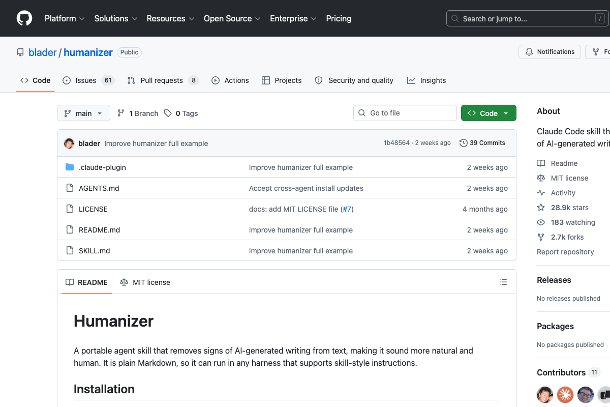 humanizer 官方 GitHub 仓库截图展示 README 和项目文件入口