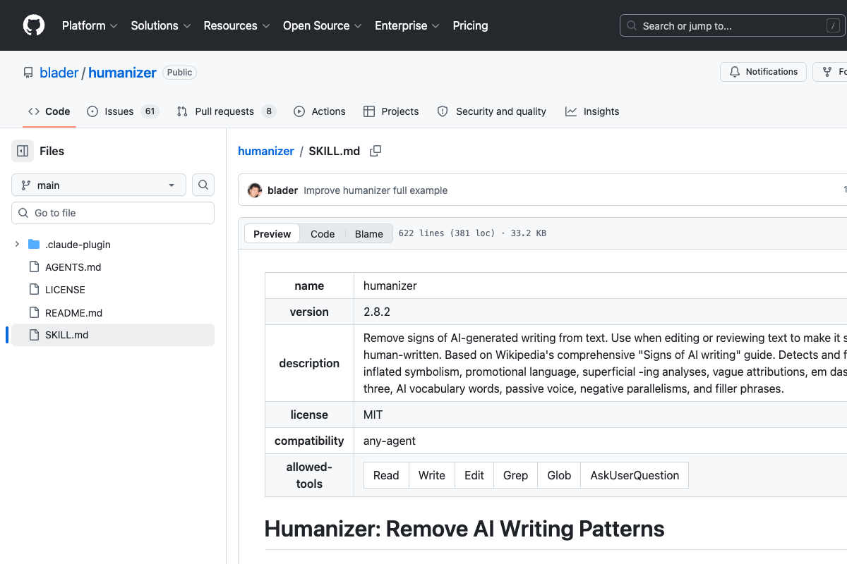 humanizer 官方 GitHub SKILL.md 截图展示技能说明和调用边界