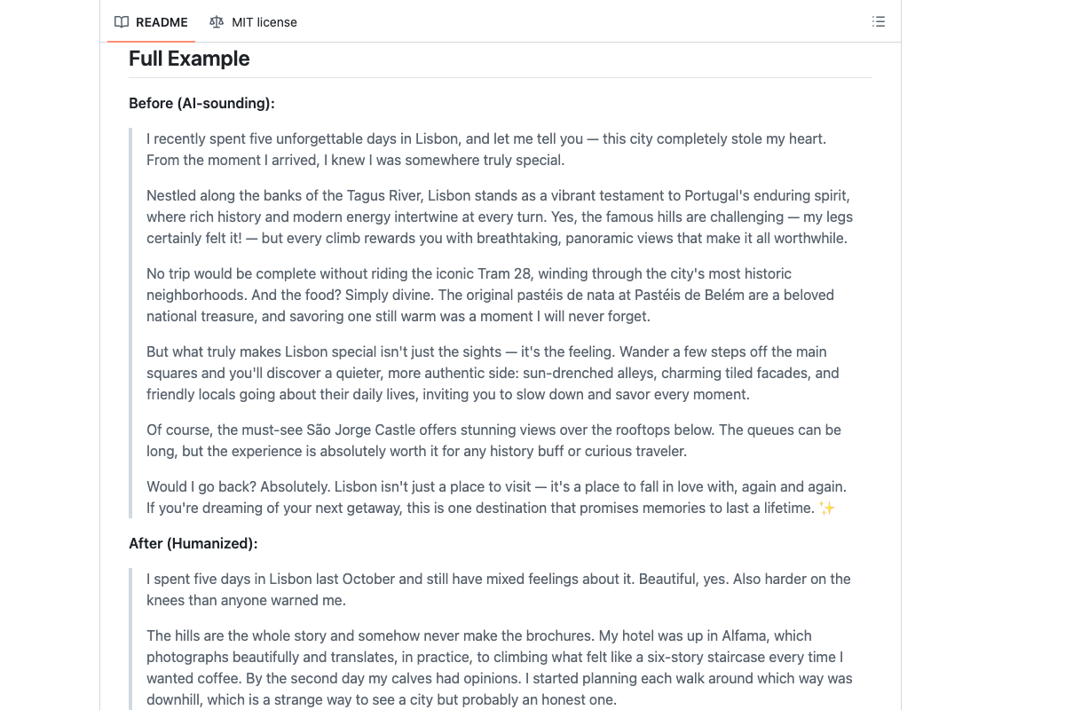 humanizer 官方 GitHub README 截图展示 Full Example 改写示例