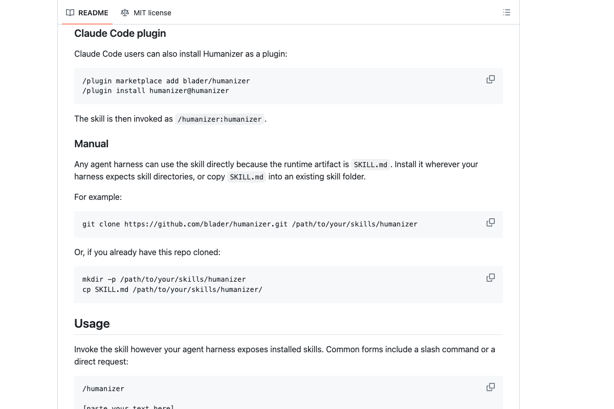 humanizer 官方 GitHub README 截图展示 Claude Code plugin 安装方式