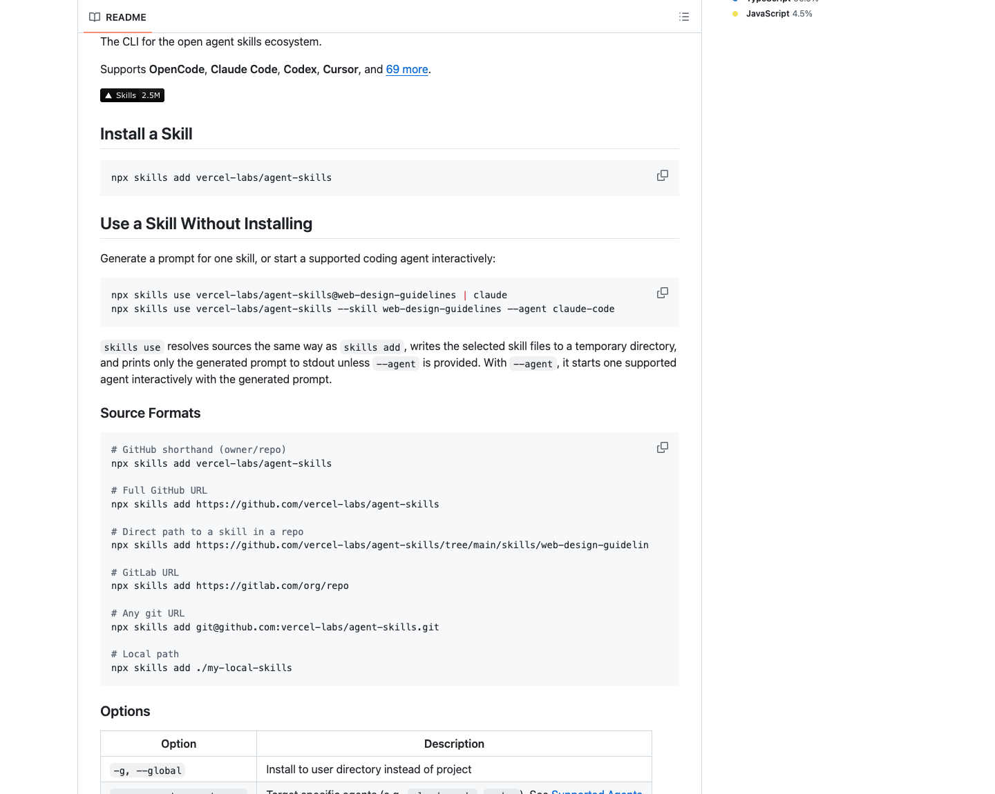 vercel-labs skills README 展示 use 命令，可在不安装时临时使用 Skill