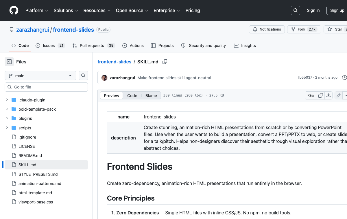 frontend-slides 的 SKILL.md 页面展示 description、Frontend Slides 和 Core Principles