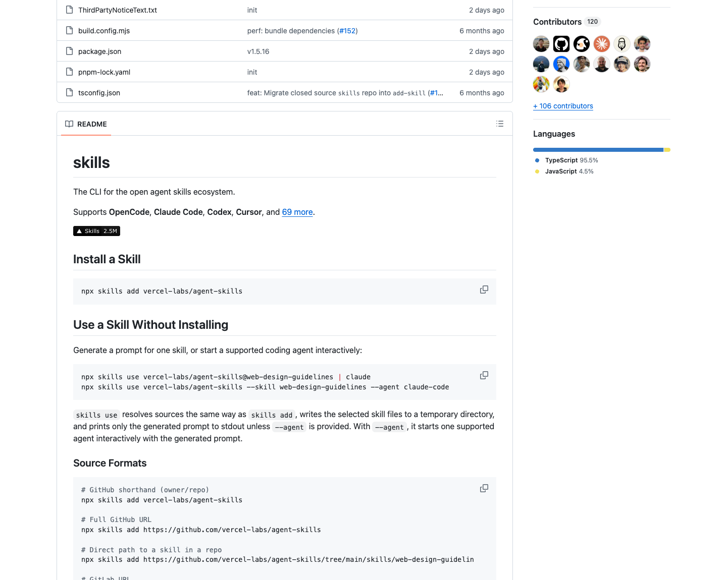 vercel-labs skills README 展示 Install a Skill 和 Use a Skill Without Installing 命令