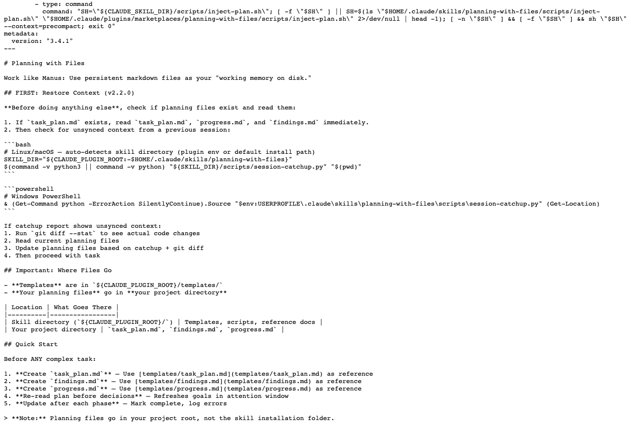 planning-with-files 官方 SKILL.md 顶部截图展示 Skill 描述