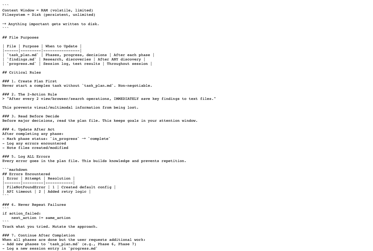 planning-with-files 官方 SKILL.md 截图展示三份规划文件用途