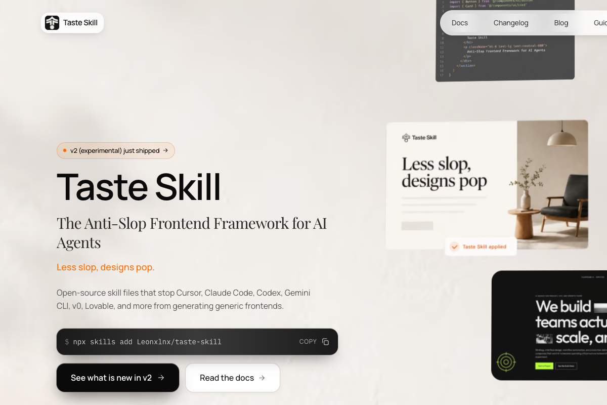 Taste Skill 官方网站截图展示 Anti-Slop Frontend Framework 和安装命令