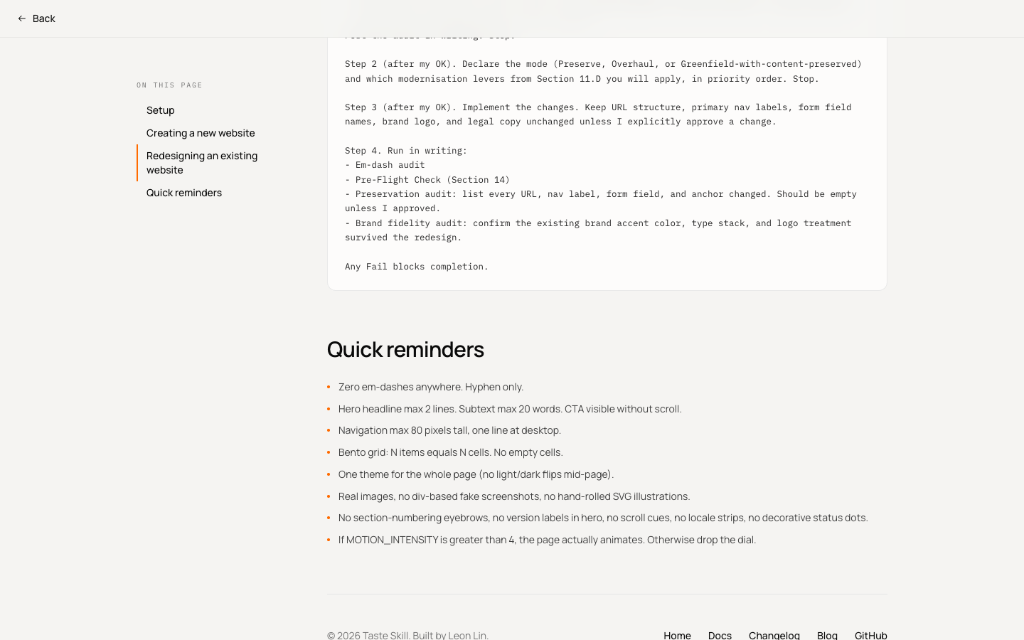 Taste Skill Guide 页面,展示 Redesigning an existing website 的提示词区域