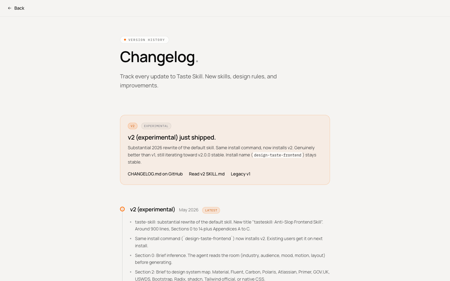 Taste Skill Changelog 页面,展示 v2 experimental 更新说明和 Brief inference 条目
