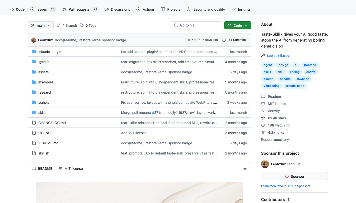 Leonxlnx/taste-skill GitHub 仓库入口，展示项目目录、stars 和官方站点链接