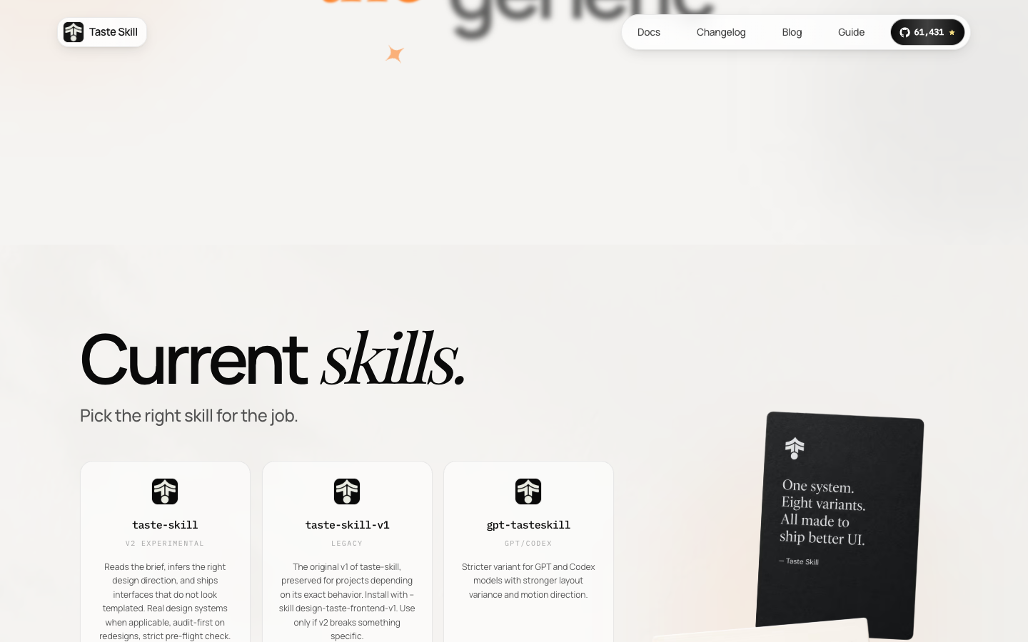 Taste Skill 官网 current skills 区域，展示 taste-skill、taste-skill-v1 和 gpt-tasteskill 卡片