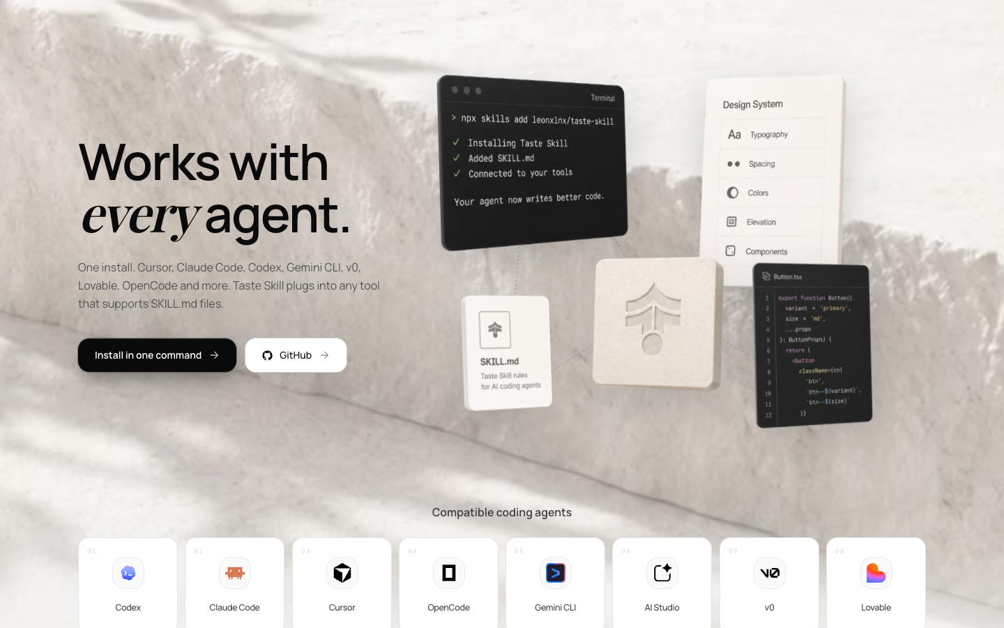 Taste Skill 官网 Works with every agent 区域展示 Codex、Claude Code、Cursor、OpenCode、Gemini CLI 等兼容入口