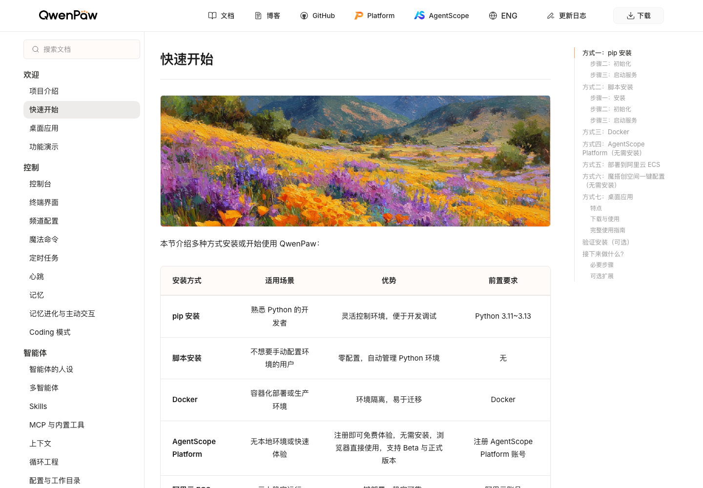 QwenPaw 官方快速开始页面，比较 pip、脚本和 Docker 安装路线