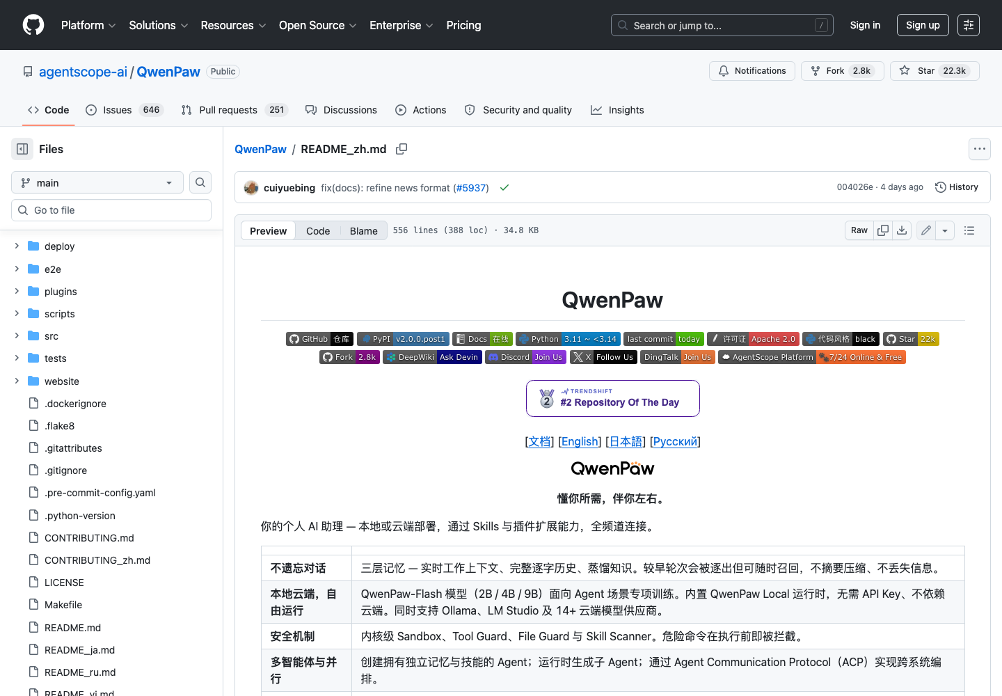QwenPaw 官方中文 README 页面，显示版本、安装与本地模型信息