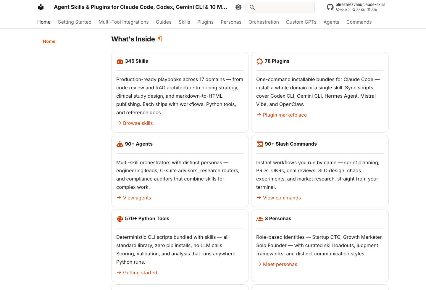 claude-skills 文档页显示 Skills、Plugins、Agents 和 Python Tools 统计卡片
