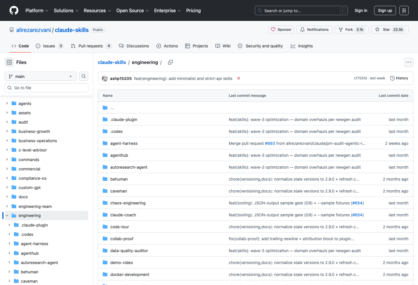 claude-skills GitHub 工程目录显示多个技能与脚本目录
