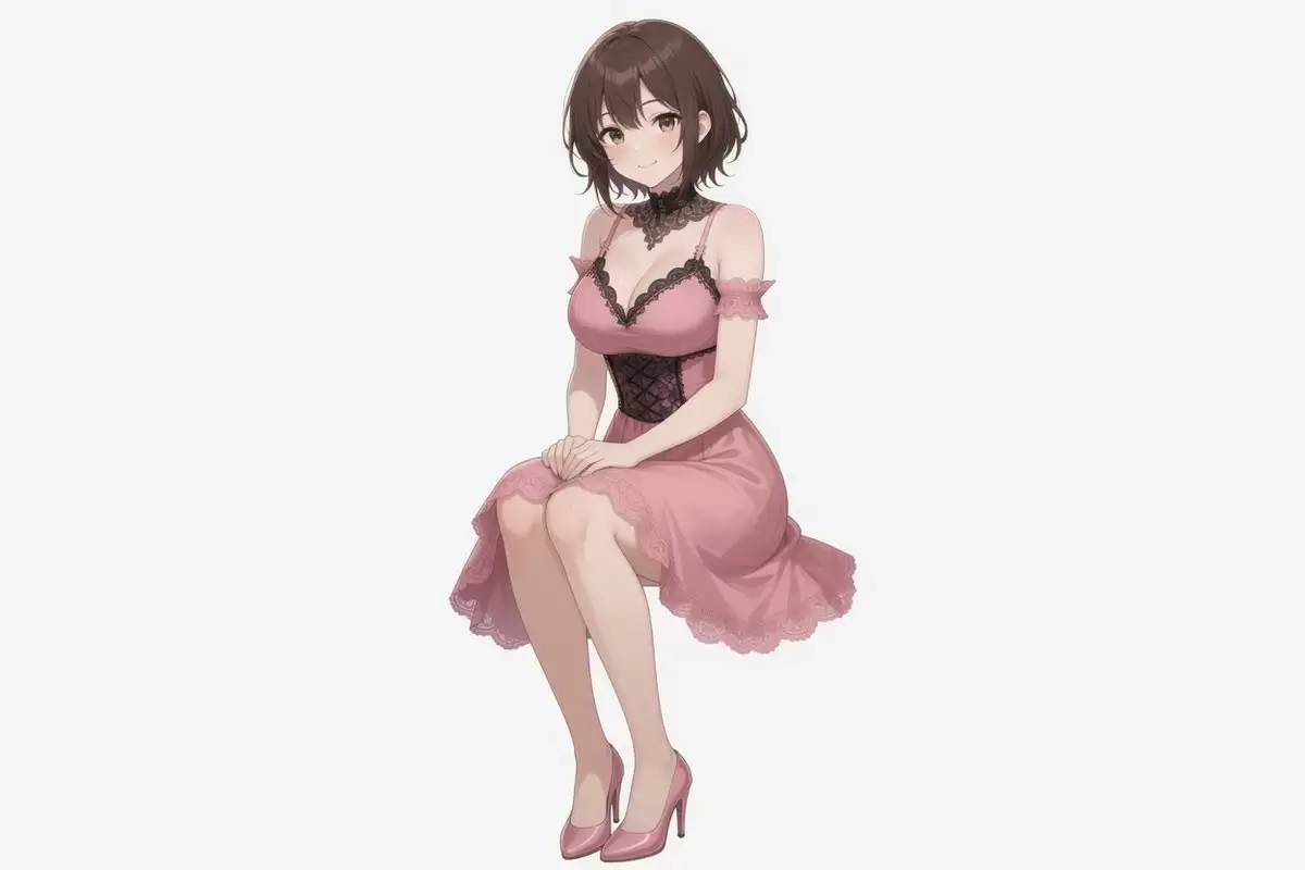 身穿粉色连衣裙的动漫女性坐姿插画