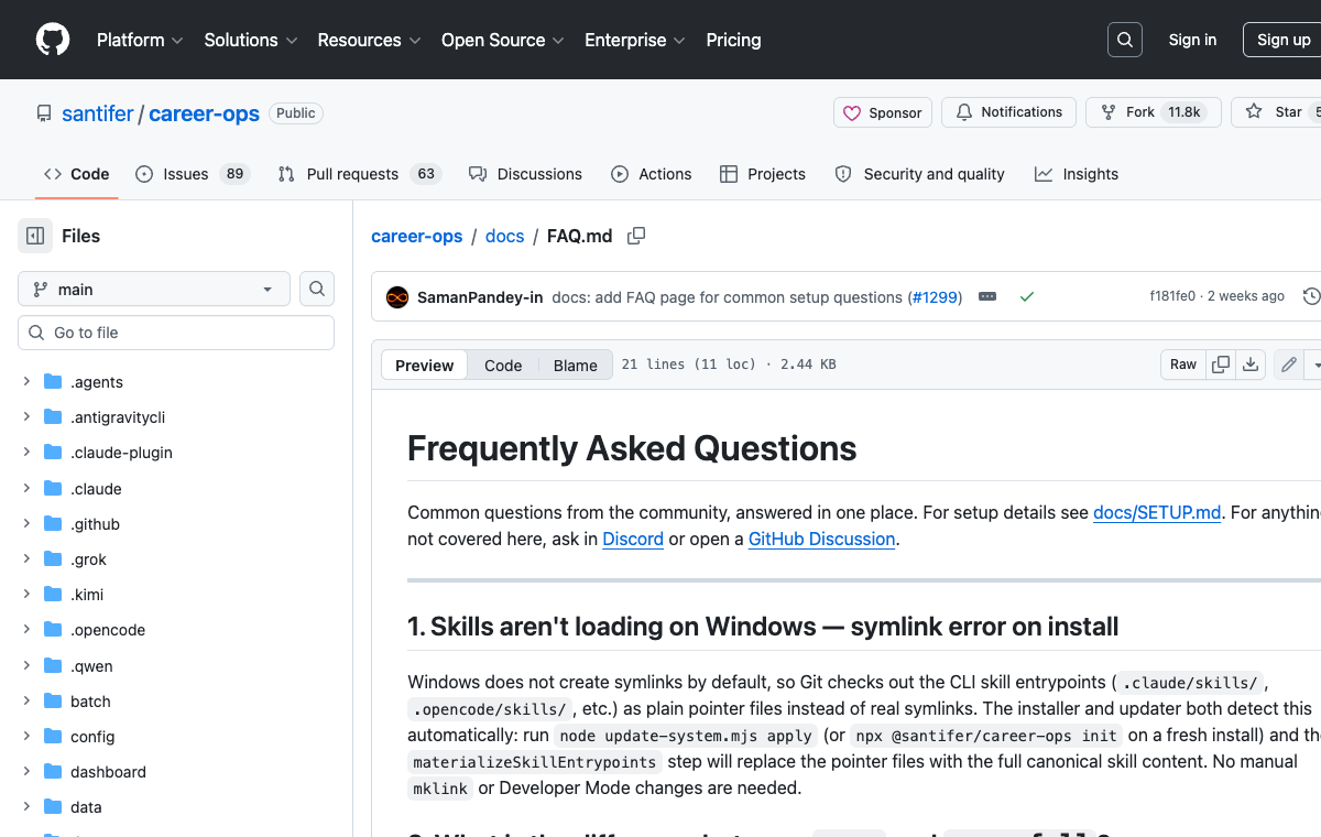 career-ops GitHub FAQ scan 与 scan:full 说明截图