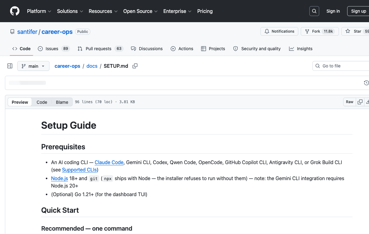 career-ops GitHub SETUP.md 安装命令截图