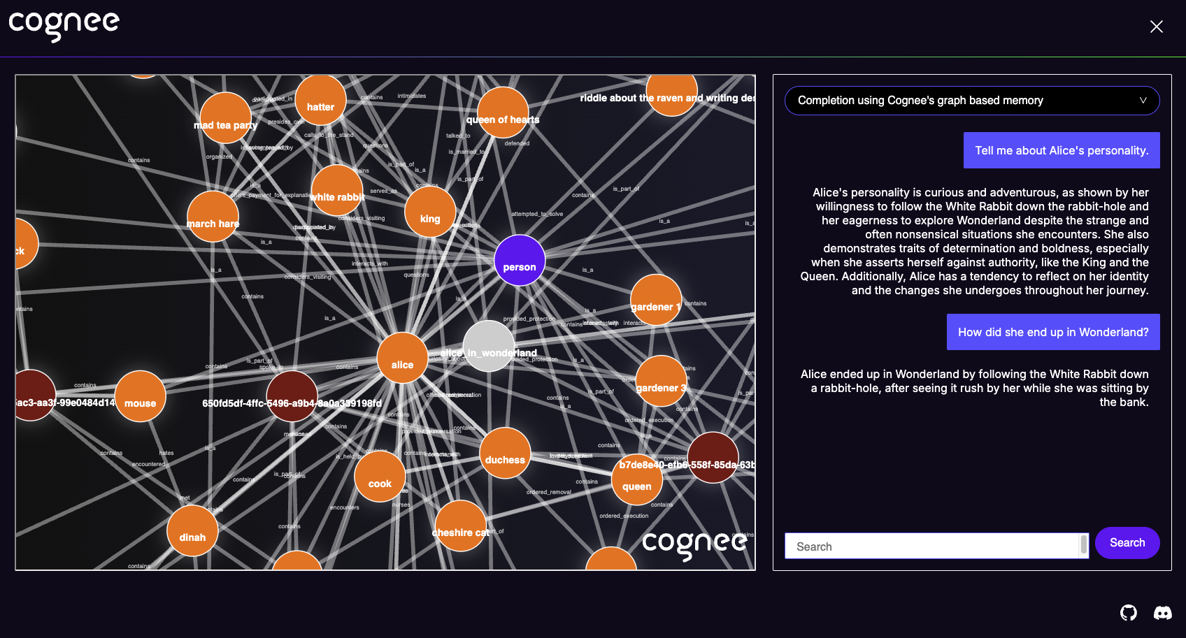 Cognee 官方知识图谱界面,左侧显示实体关系,右侧显示基于图记忆的连续问答