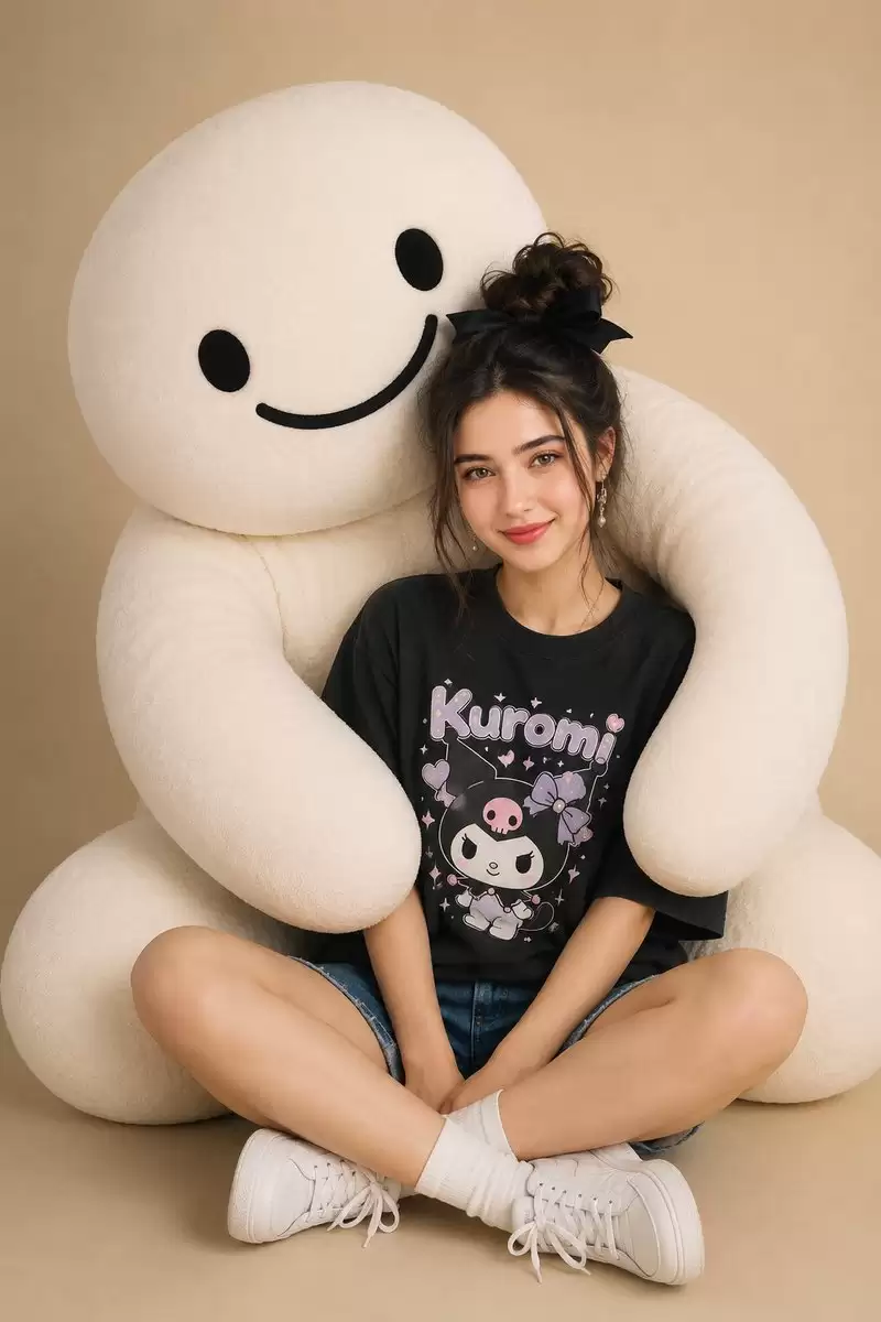 女性与巨型毛绒吉祥物合影