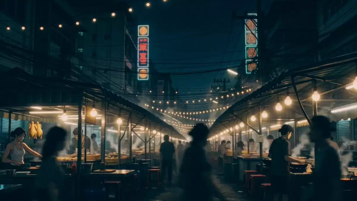 曼谷夜市的烹饪场景