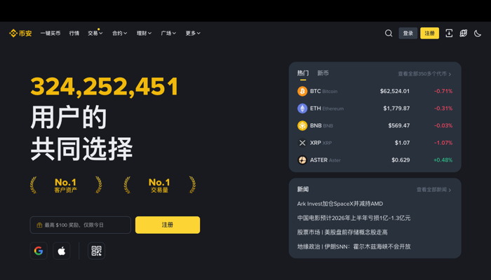 Binance 简体中文首页显示中文导航和注册按钮