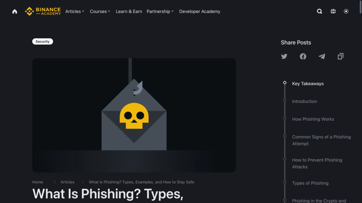 Binance Academy 钓鱼安全文章页面及钓鱼邮件插图