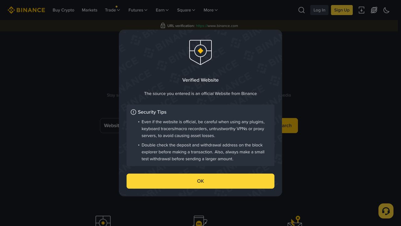 Binance Verify 显示 www.binance.com 为已验证官方网页