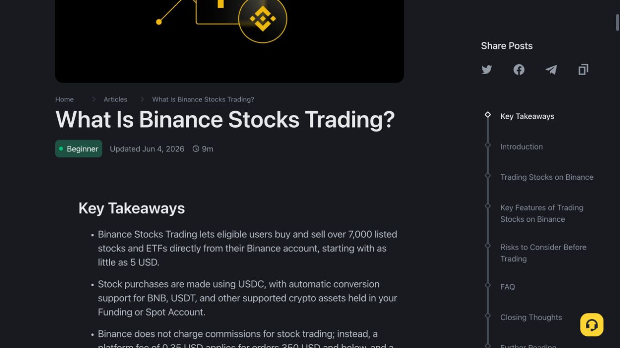 Binance Academy 的 Binance Stocks Trading 指南，显示股票交易入口与核心说明