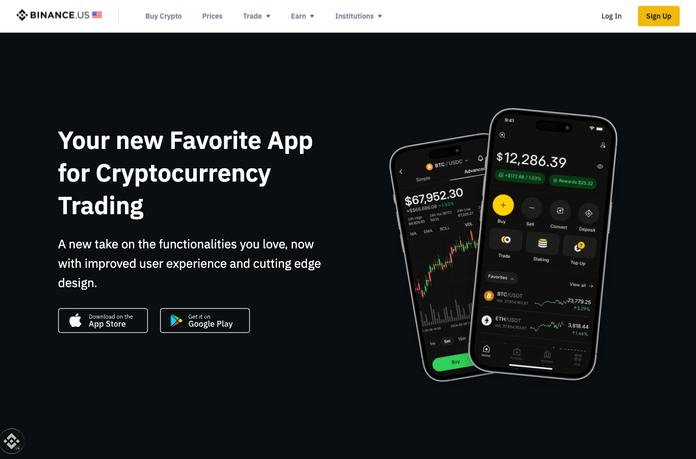 Binance.US 官方下载页中的独立品牌标识和应用商店按钮