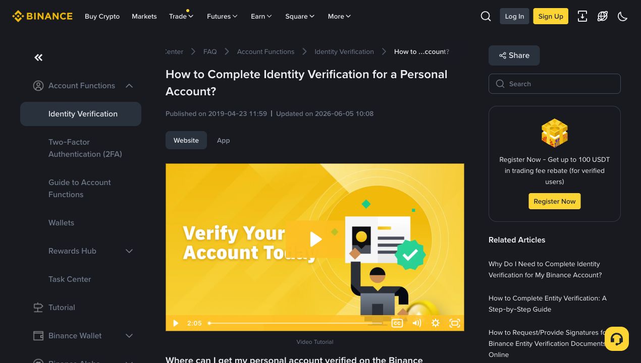 Binance 官方帮助中心的个人账户身份认证说明页面