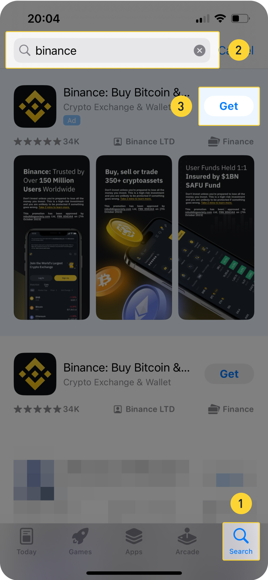 币安官方 iPhone 指南中的 Binance App Store 搜索结果
