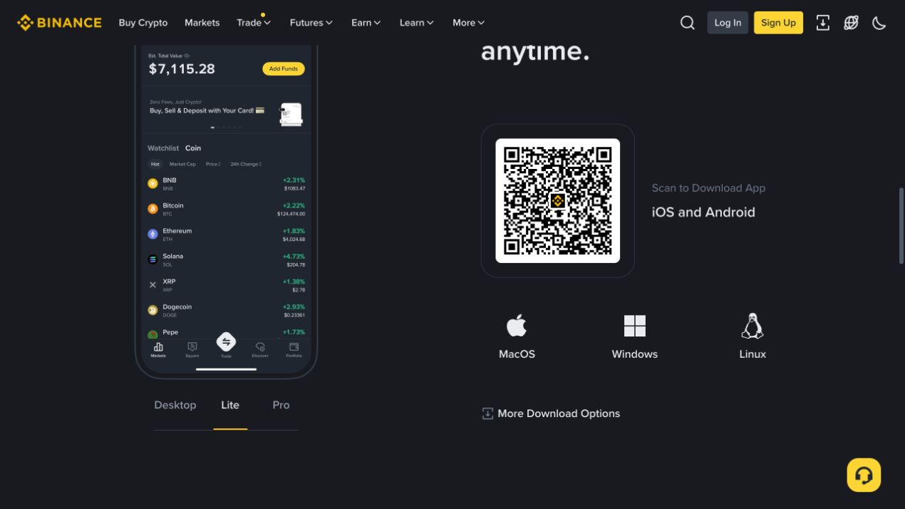 Binance 区域官网展示 iOS Android 二维码和多种桌面系统入口