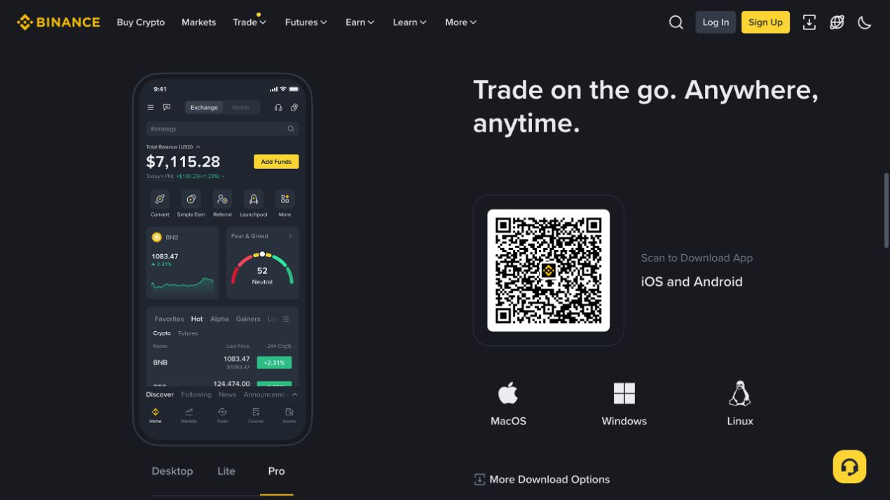 Binance 区域官网下载区切换到 Pro 界面预览