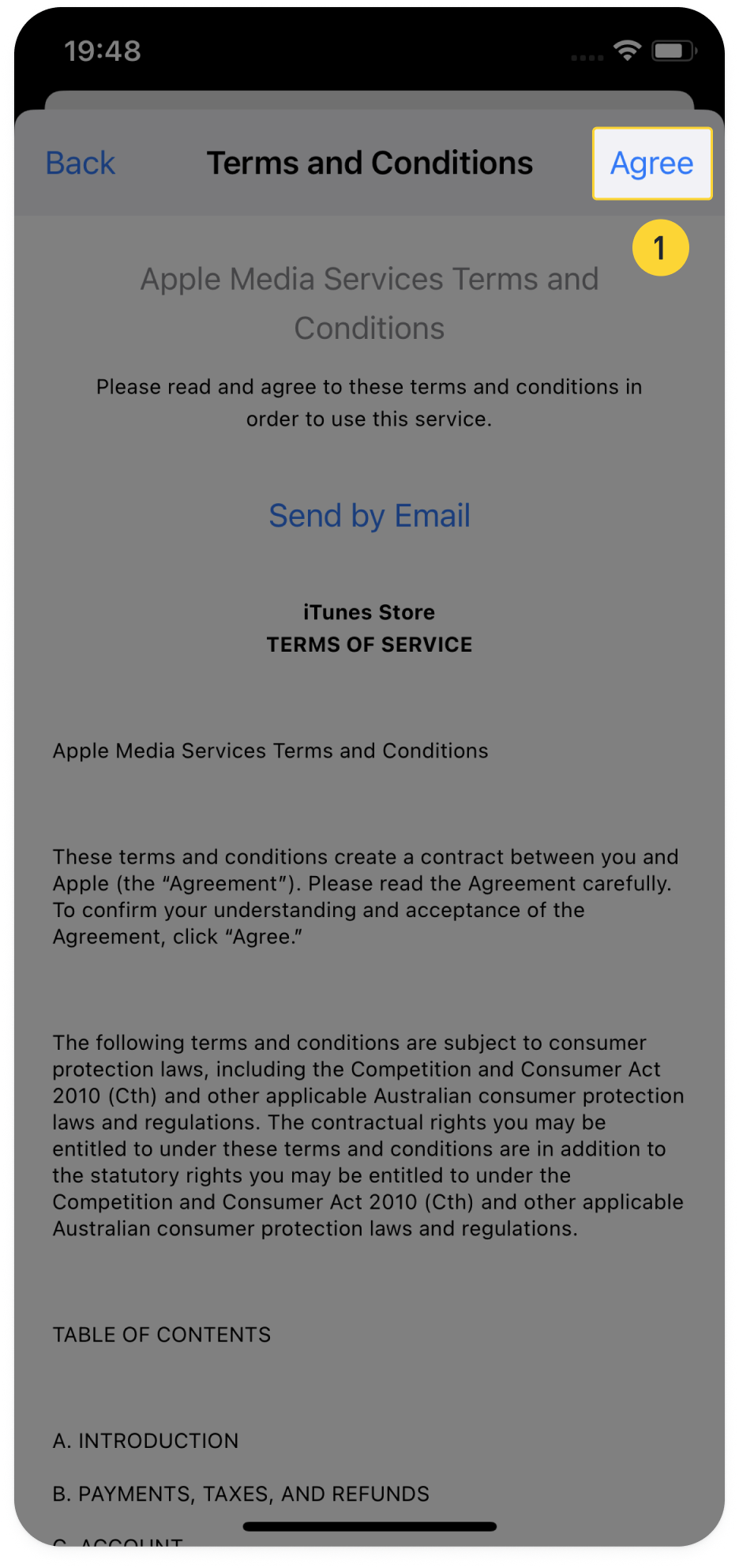币安官方 iPhone 下载指南展示 Apple Media Services 条款确认页