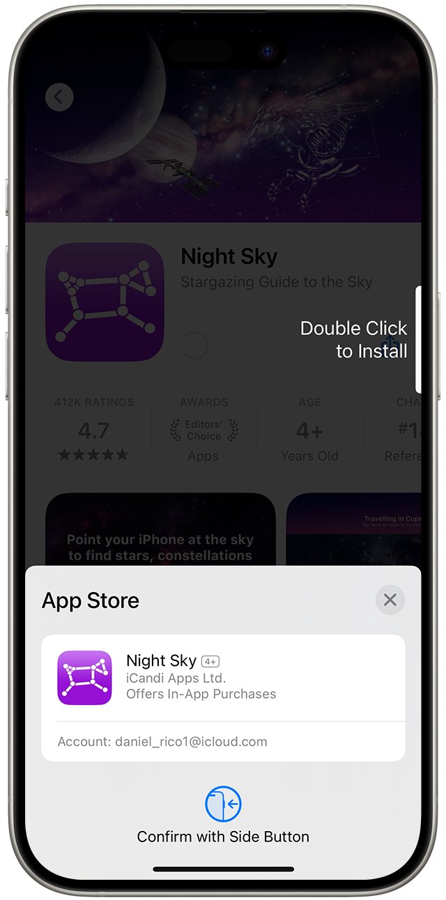 Apple 官方截图显示双击侧边按钮确认 App Store 安装