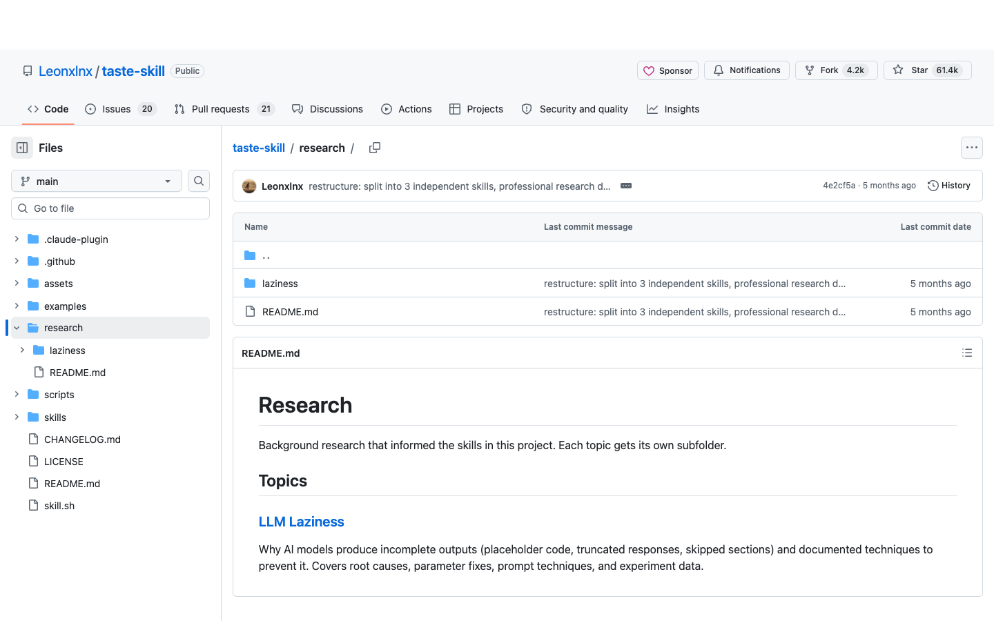 GitHub repository research 文件夹页面展示 taste-skill 的研究材料目录
