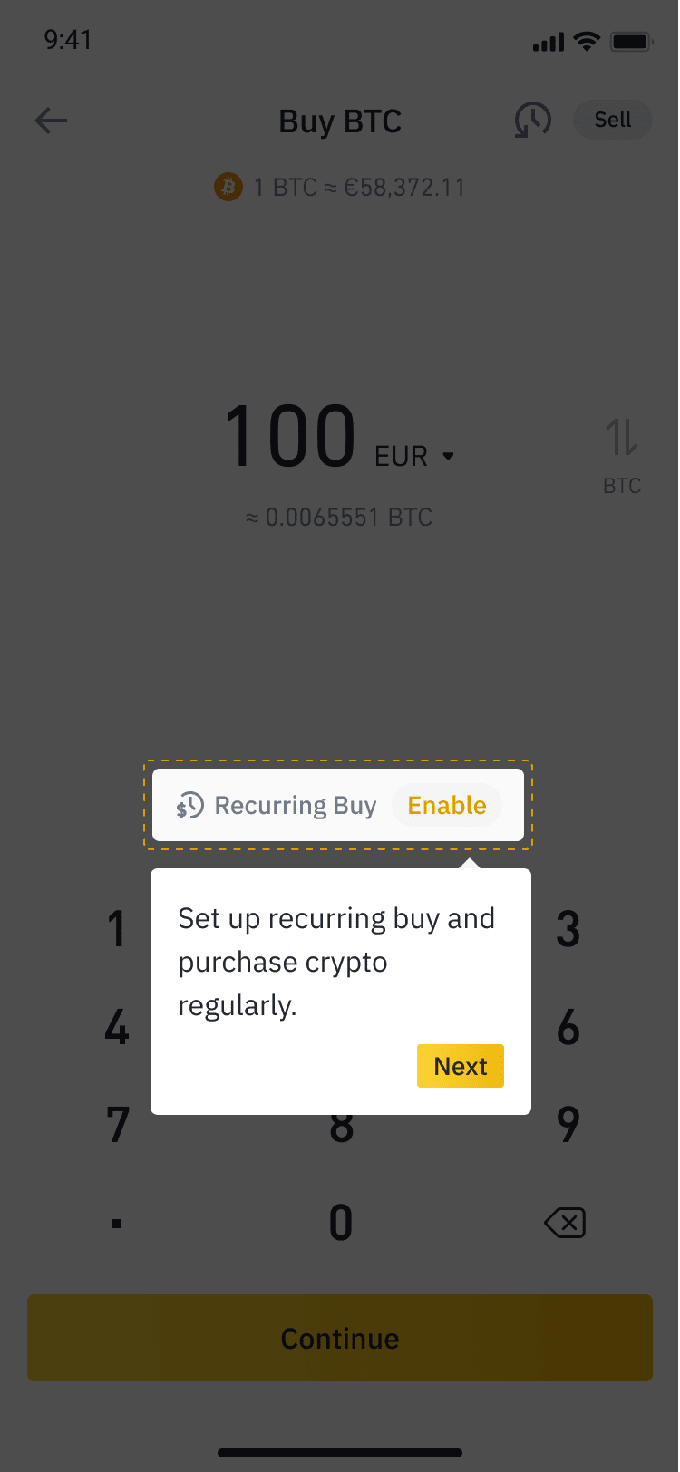 币安官方 App 定投启用截图，展示 Buy BTC 页面里的 Recurring Buy Enable 提示