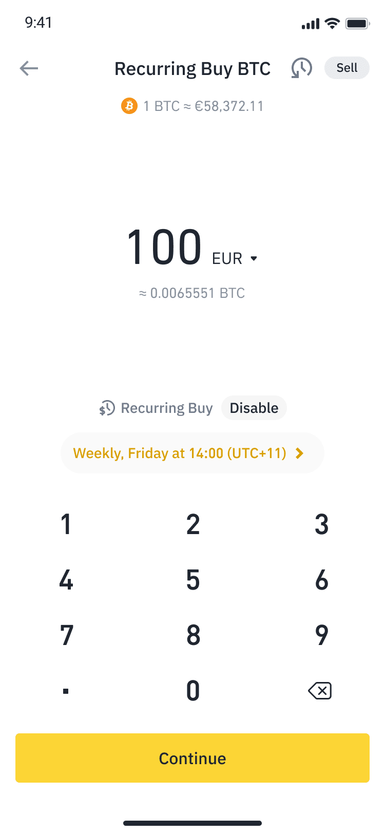币安官方 Recurring Buy 设置结果截图，展示每周定投周期、金额和继续按钮