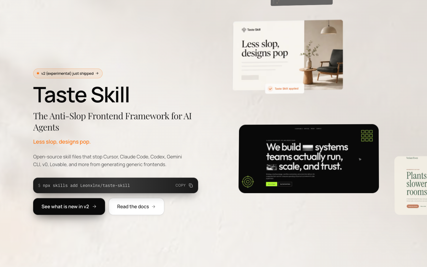 Taste Skill 官网首屏显示 Anti-Slop Frontend Framework for AI Agents 和 npx 安装命令