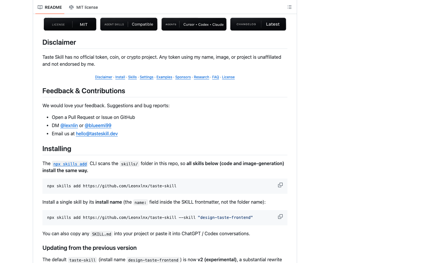 Taste Skill README skills 表格展示 design-taste-frontend、gpt-taste、image-to-code、redesign 等安装名