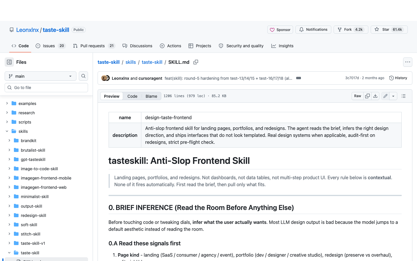 GitHub 页面展示 taste-skill 的 SKILL.md 文件,frontmatter 包含 design-taste-frontend 名称和说明