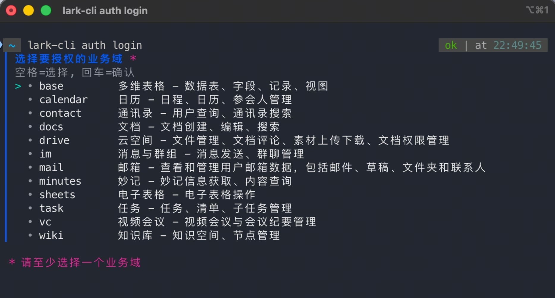 飞书 CLI 官方授权业务域选择界面